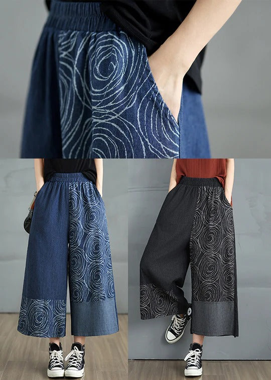 Bohemian Navy Asymmetrical Print Denim Pants Summer