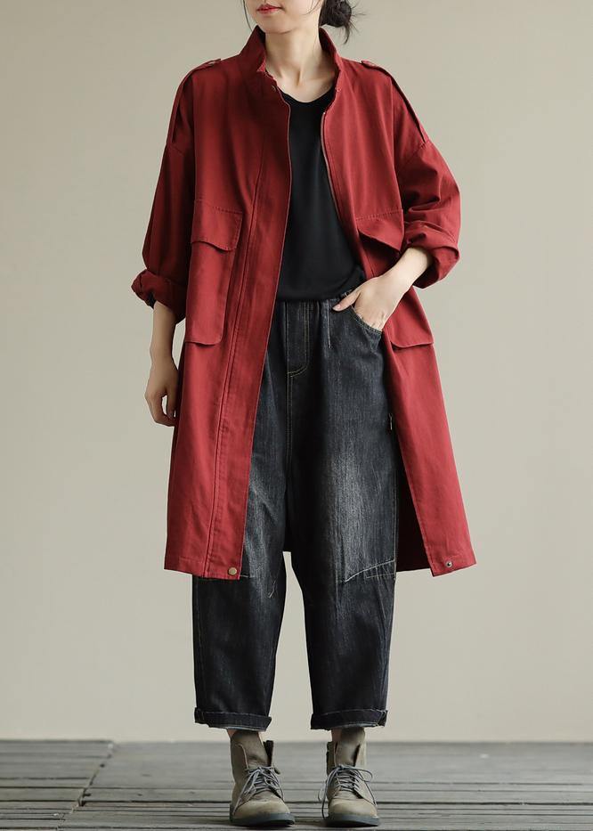 Bohemian Style Zipper Pocket Autumn Coat Red Loose Women's Coat