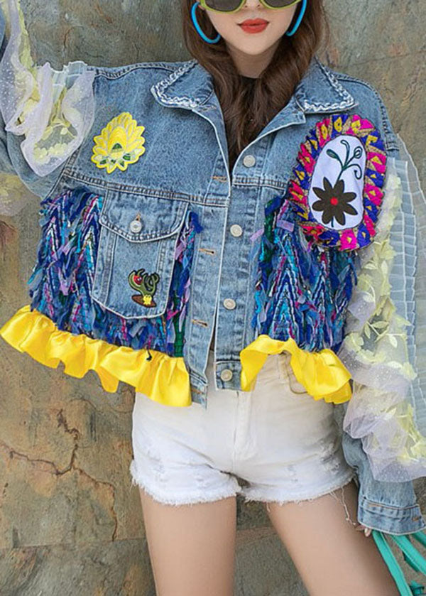 Blue Patchwork Ruffle Pocket Floral Decorated Denim Short Coat Spring