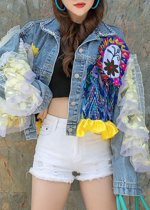Blue Patchwork Ruffle Pocket Floral Decorated Denim Short Coat Spring