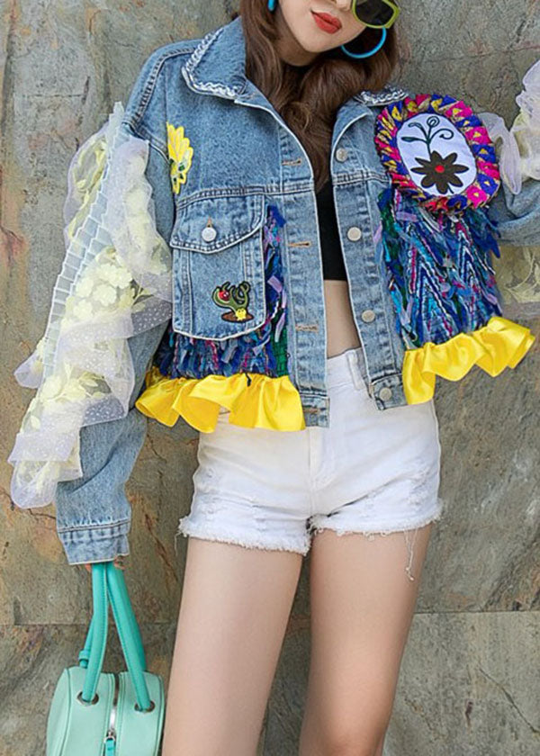 Blue Patchwork Ruffle Pocket Floral Decorated Denim Short Coat Spring