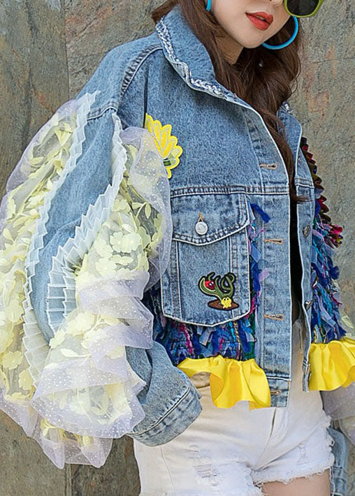 Blue Patchwork Ruffle Pocket Floral Decorated Denim Short Coat Spring