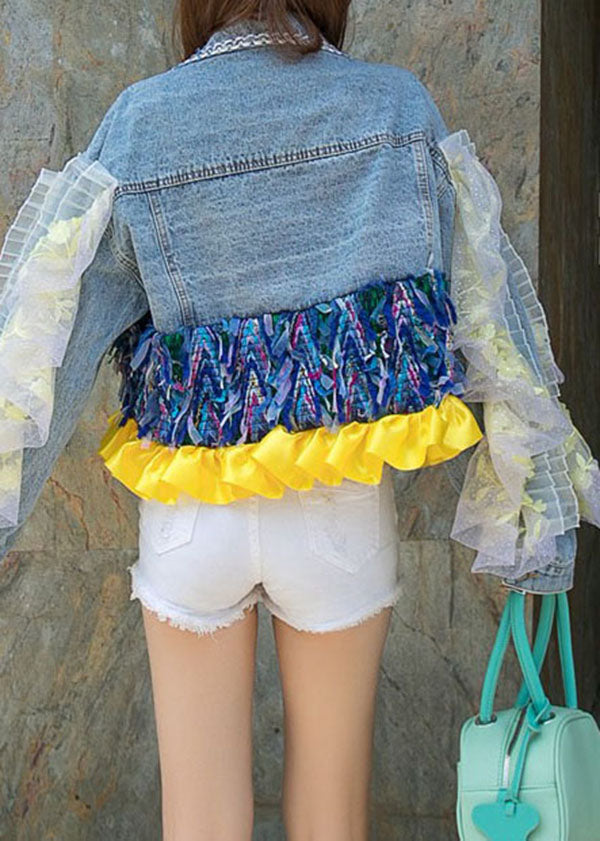 Blue Patchwork Ruffle Pocket Floral Decorated Denim Short Coat Spring