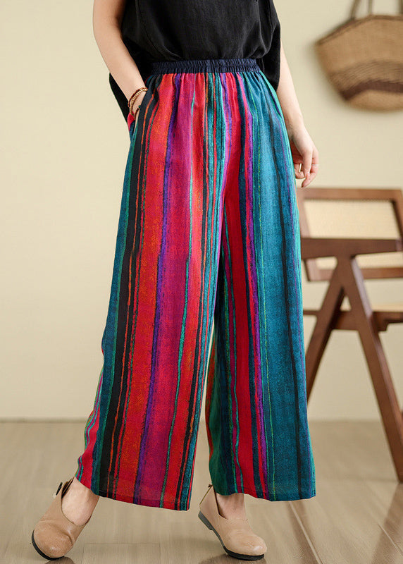 Boutique Colorblock Pockets Striped Linen Wide Leg Pants Summer