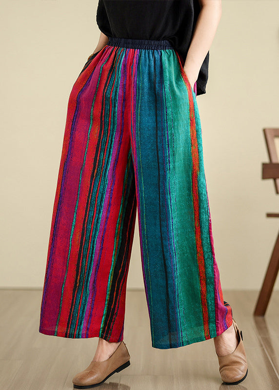 Boutique Colorblock Pockets Striped Linen Wide Leg Pants Summer