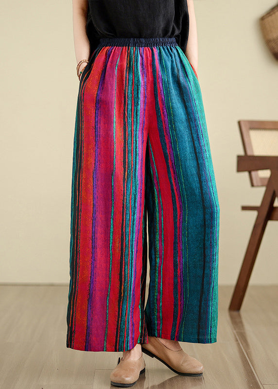 Boutique Colorblock Pockets Striped Linen Wide Leg Pants Summer