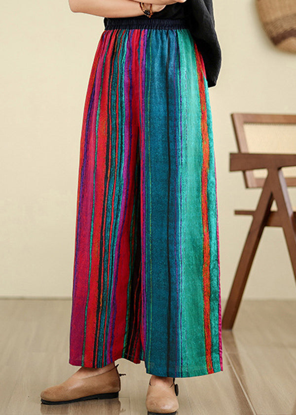 Boutique Colorblock Pockets Striped Linen Wide Leg Pants Summer