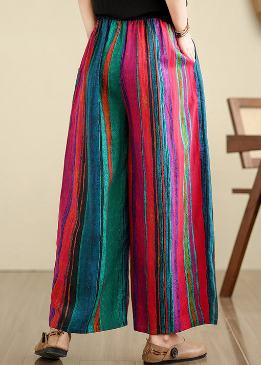 Boutique Colorblock Pockets Striped Linen Wide Leg Pants Summer