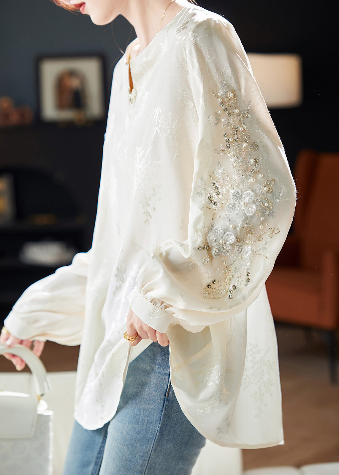 Boutique White V Neck Sequins Nail Bead Chiffon Shirt Spring