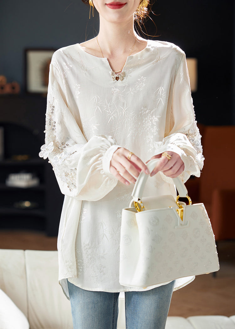 Boutique White V Neck Sequins Nail Bead Chiffon Shirt Spring