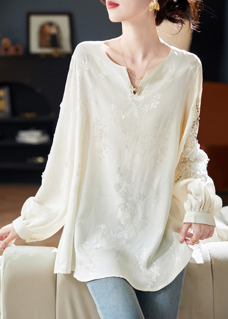 Boutique White V Neck Sequins Nail Bead Chiffon Shirt Spring
