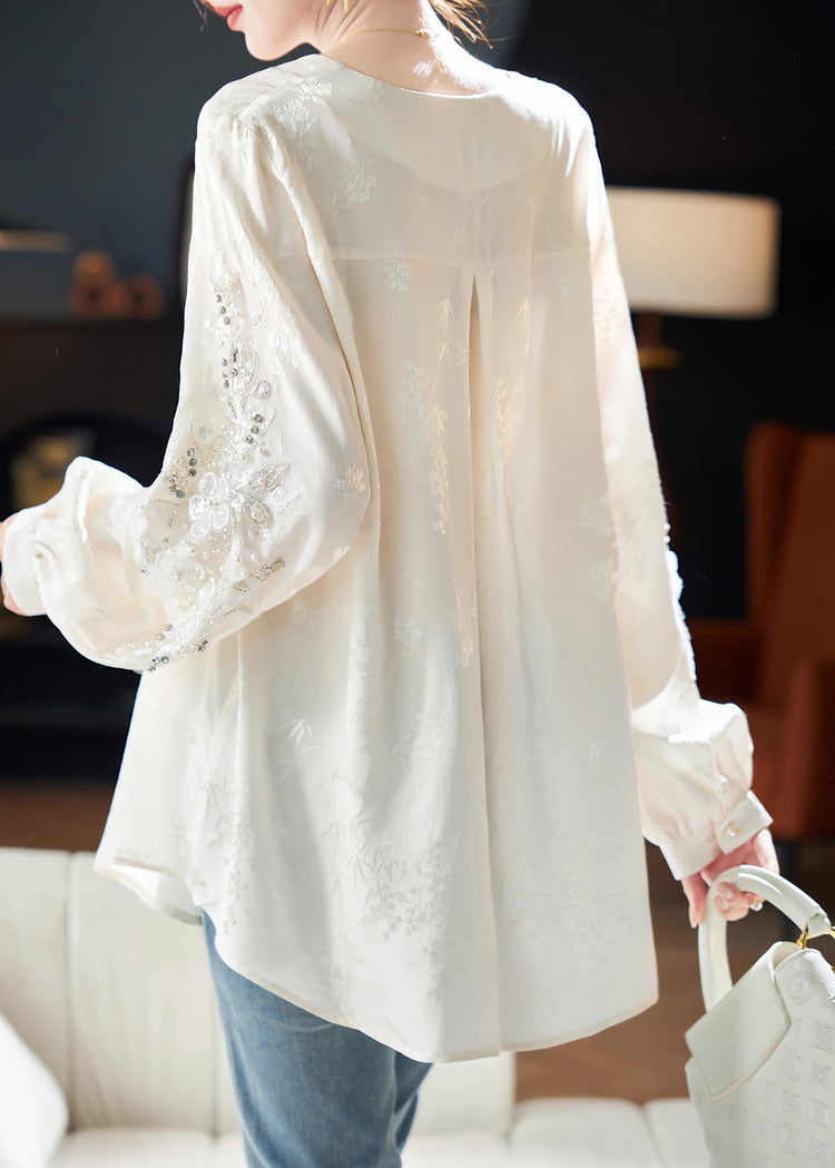 Boutique White V Neck Sequins Nail Bead Chiffon Shirt Spring