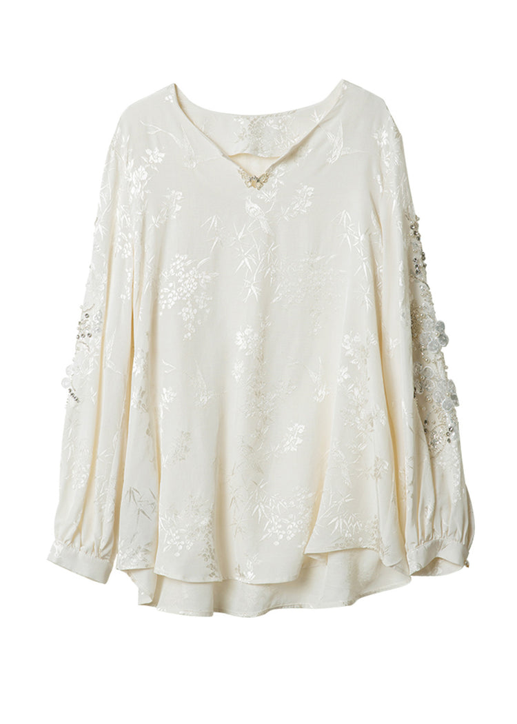 Boutique White V Neck Sequins Nail Bead Chiffon Shirt Spring