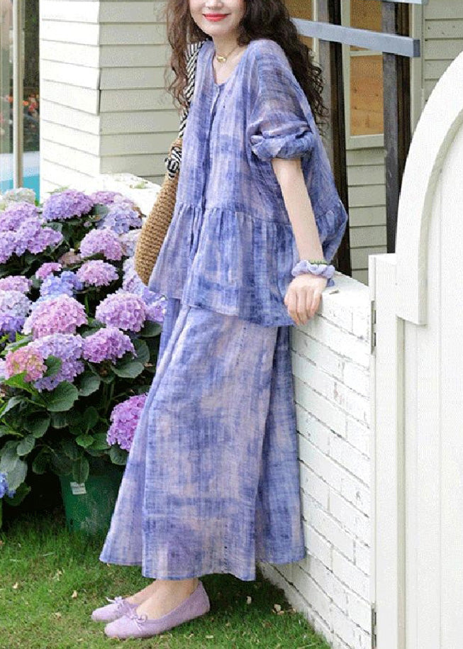 Casual Purple Tie Dye Cardigans And Spaghetti Strap Dress Two Pieces Set Spring