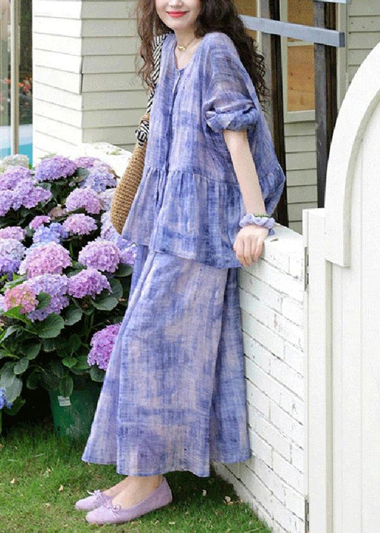 Casual Purple Tie Dye Cardigans And Spaghetti Strap Dress Two Pieces Set Spring