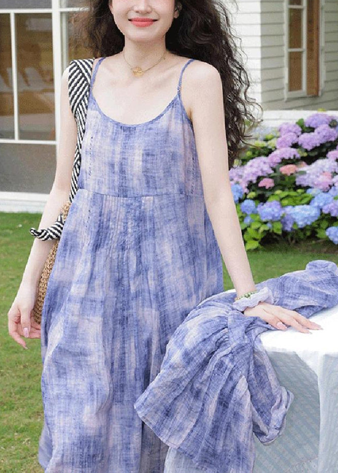 Casual Purple Tie Dye Cardigans And Spaghetti Strap Dress Two Pieces Set Spring