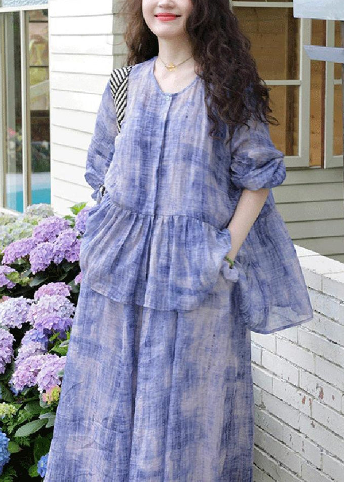 Casual Purple Tie Dye Cardigans And Spaghetti Strap Dress Two Pieces Set Spring