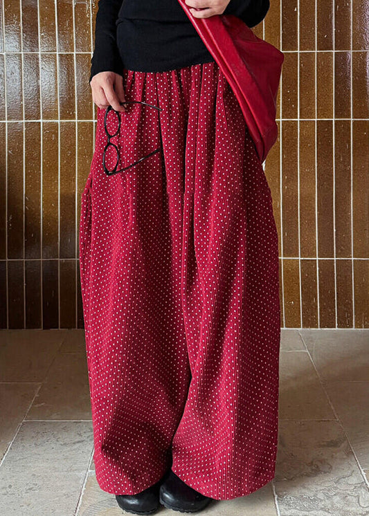 Casual Red Dot Pockets High Waist Corduroy Wide Leg Pants Spring