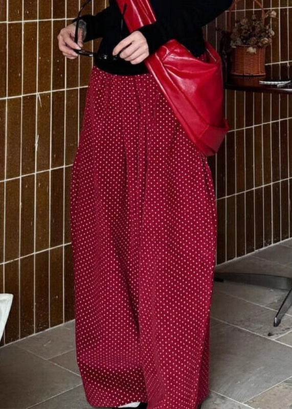 Casual Red Dot Pockets High Waist Corduroy Wide Leg Pants Spring