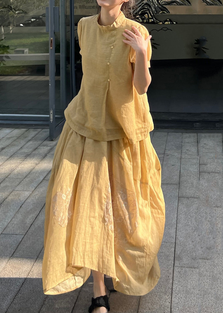 French Yellow Lace Up Tops And Skirts Cotton Two Pieces Set Spring