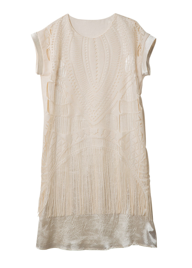 Chic Beige Tasseled False Two Pieces Patchwork Chiffon Dress Summer