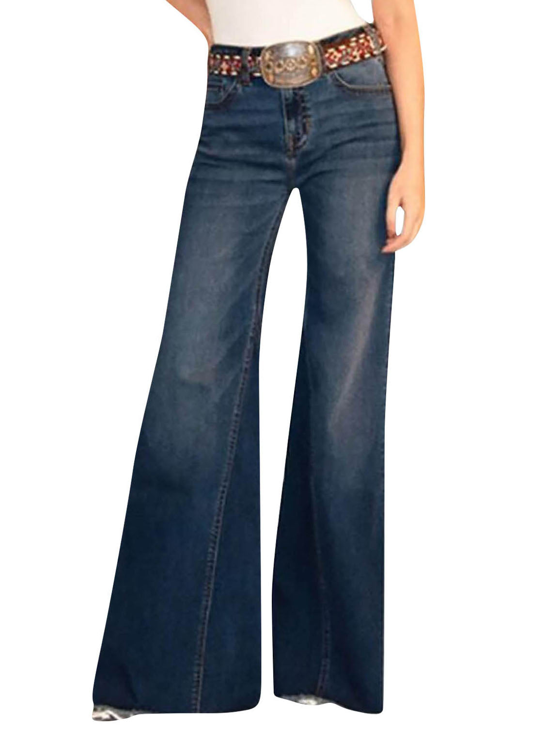 Chic Blue Denim Pocket Patchwork Wide Leg Pants Summer