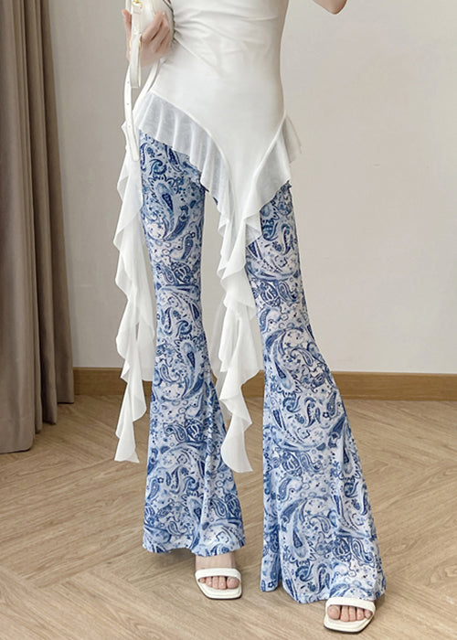 Chic Blue Print High Waist Tulle Flare Bottoms Summer