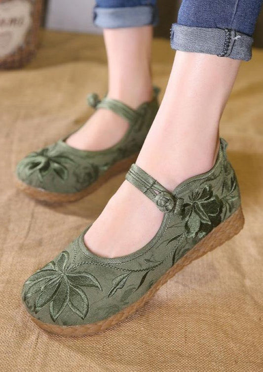 Chic Buckle Strap Flat Feet Shoes Green Embroidered Cotton Fabric