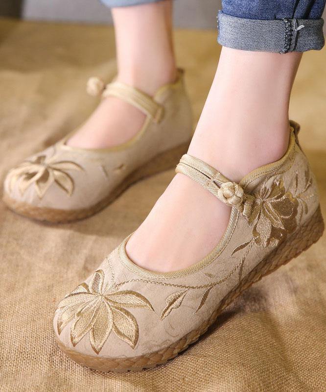 Chic Buckle Strap Flat Feet Shoes Green Embroidered Cotton Fabric