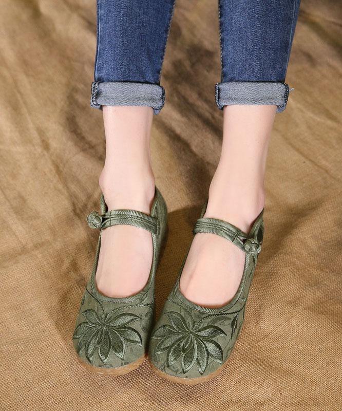 Chic Buckle Strap Flat Feet Shoes Green Embroidered Cotton Fabric