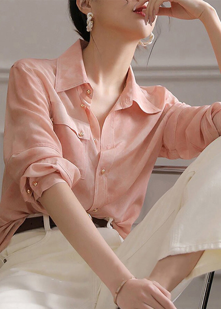 Chic Pink Peter Pan Collar Button Chiffon Blouse Top Spring
