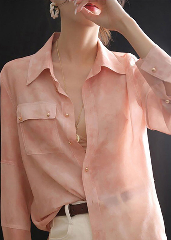 Chic Pink Peter Pan Collar Button Chiffon Blouse Top Spring