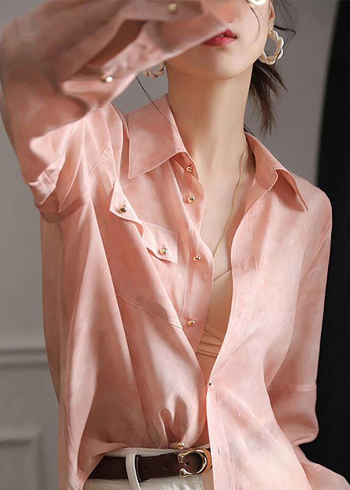 Chic Pink Peter Pan Collar Button Chiffon Blouse Top Spring
