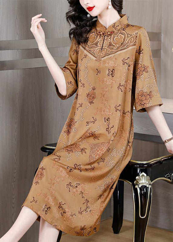 Khaki Stand Collar Chinese Button Print Silk Chinese Half Sleeve Dress
