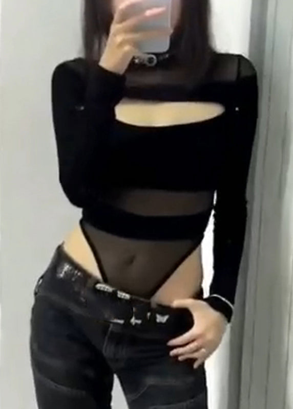 Classy Black Hollow Out Solid Tulle Bodysuit