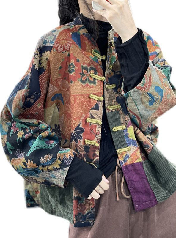 Elegant color-block printed patchwork cotton-filled dolman sleeve coat