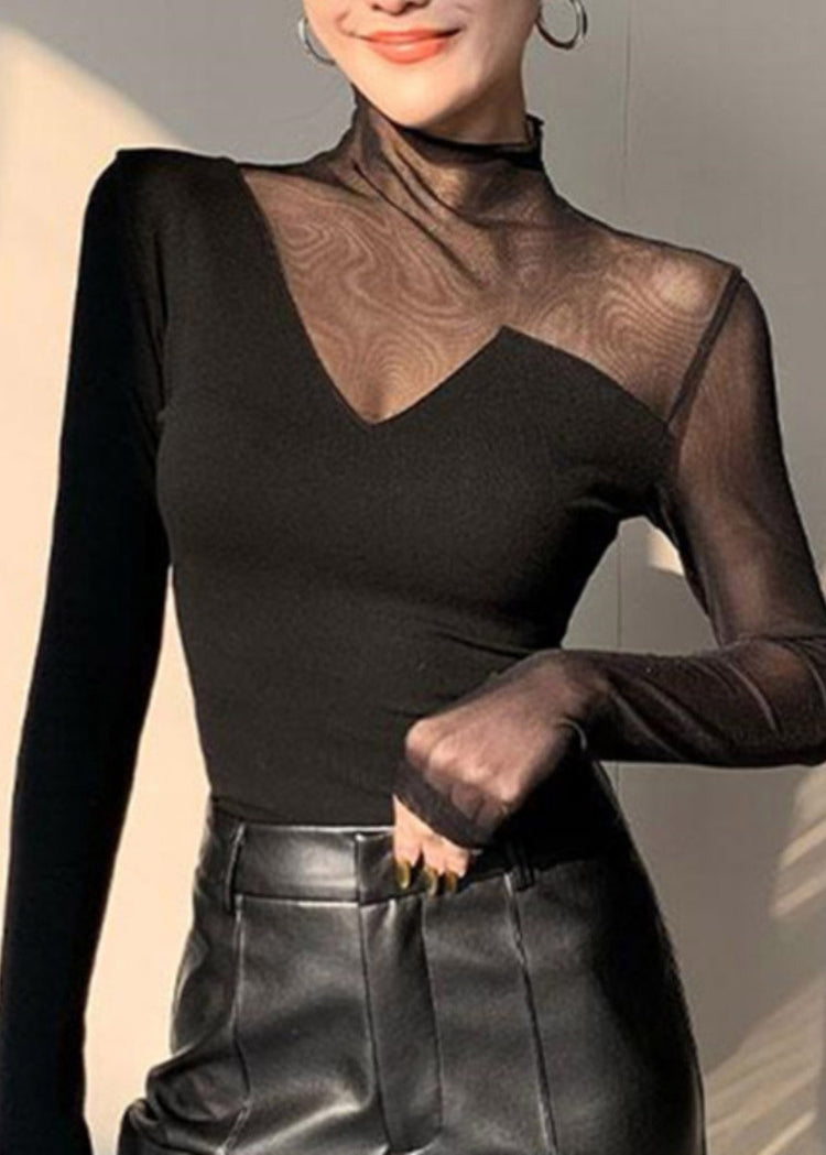 Club Black Turtleneck Patchwork Hollow Out Tulle Top Spring