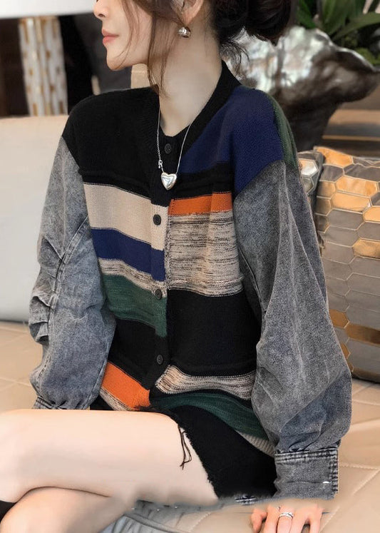 Colorblock Denim Patchwork Knitted Sweater Coat Women Autumn And Winter