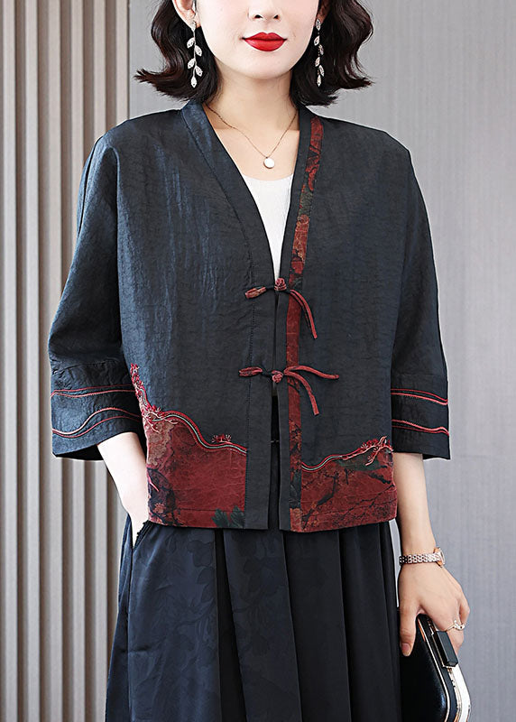 Black DIY Tasseled Embroidered Patchwork Silk Coats Spring