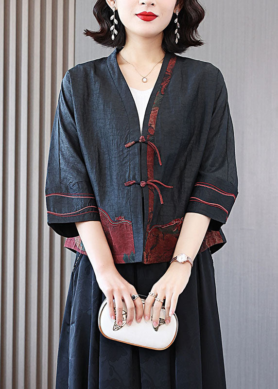 Black DIY Tasseled Embroidered Patchwork Silk Coats Spring