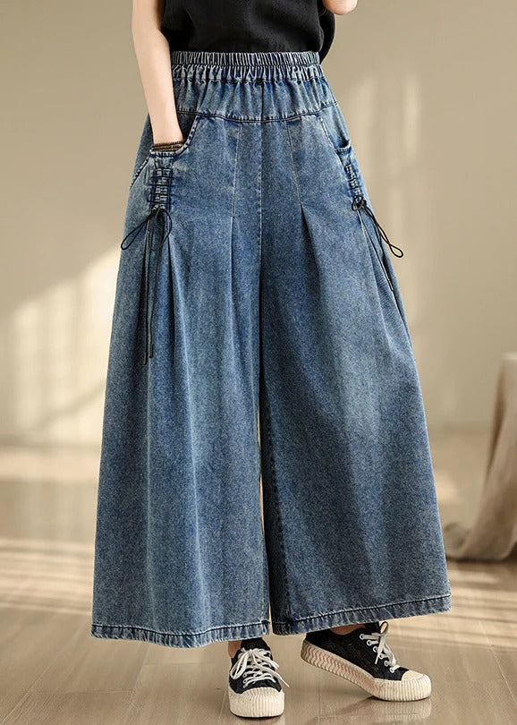 Denim Blue Cross Strap Wide Leg Pants Wrinkled Summer