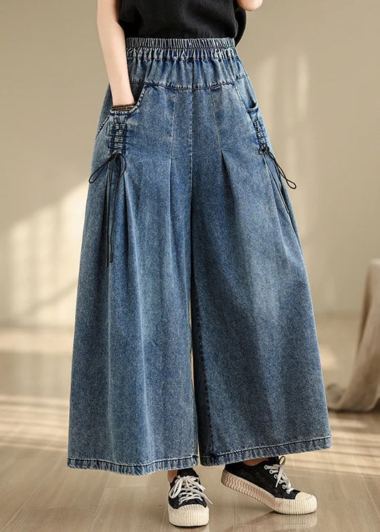 Denim Blue Cross Strap Wide Leg Pants Wrinkled Summer