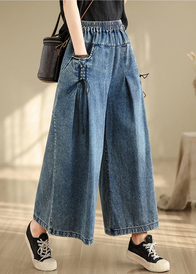 Denim Blue Cross Strap Wide Leg Pants Wrinkled Summer