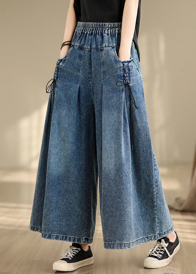 Denim Blue Cross Strap Wide Leg Pants Wrinkled Summer