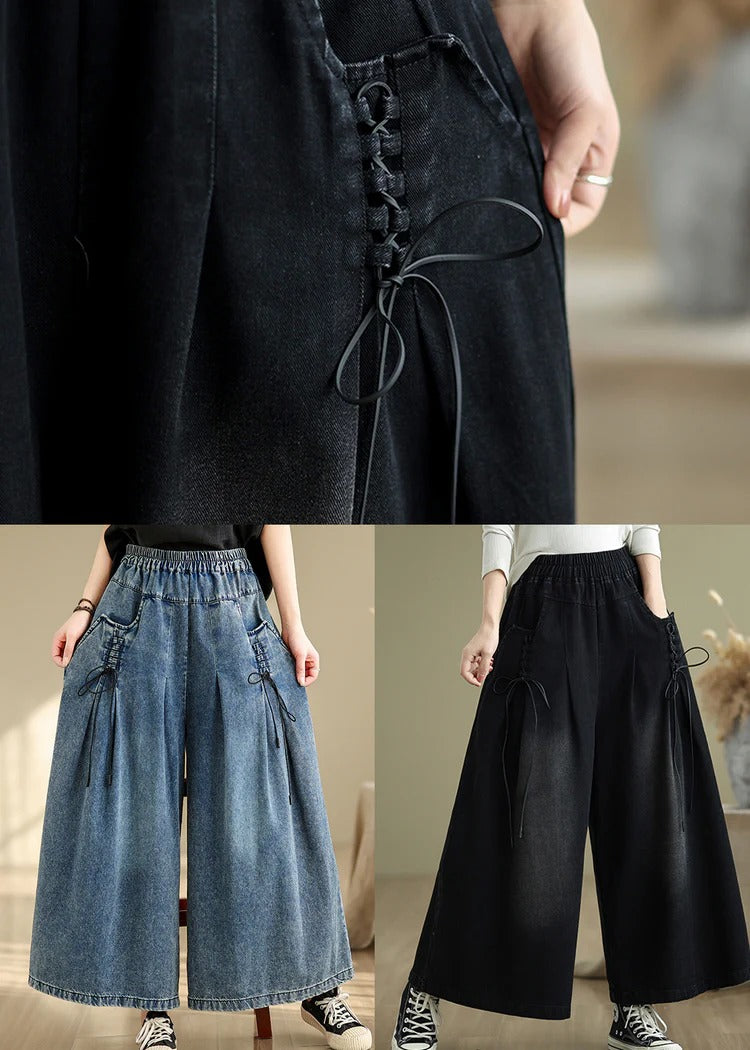 Denim Blue Cross Strap Wide Leg Pants Wrinkled Summer