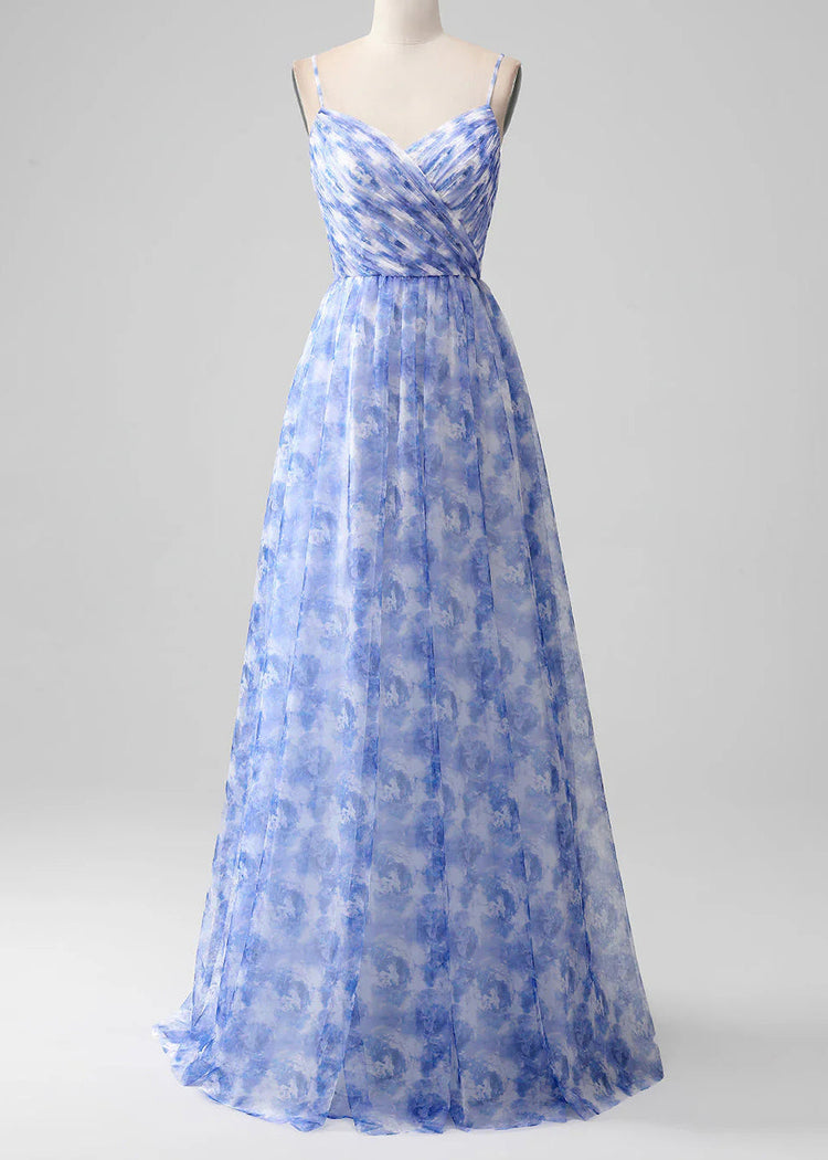 Elegant Blue Print Lace Up Chiffon Spaghetti Strap Dress Sleeveless