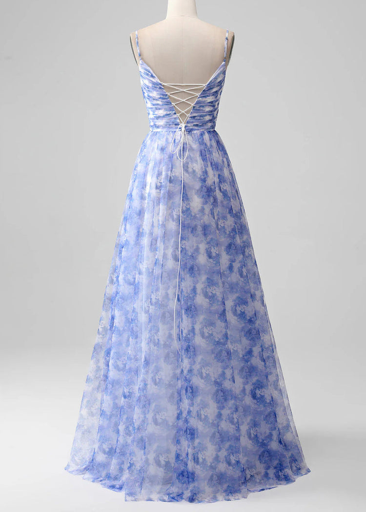 Elegant Blue Print Lace Up Chiffon Spaghetti Strap Dress Sleeveless