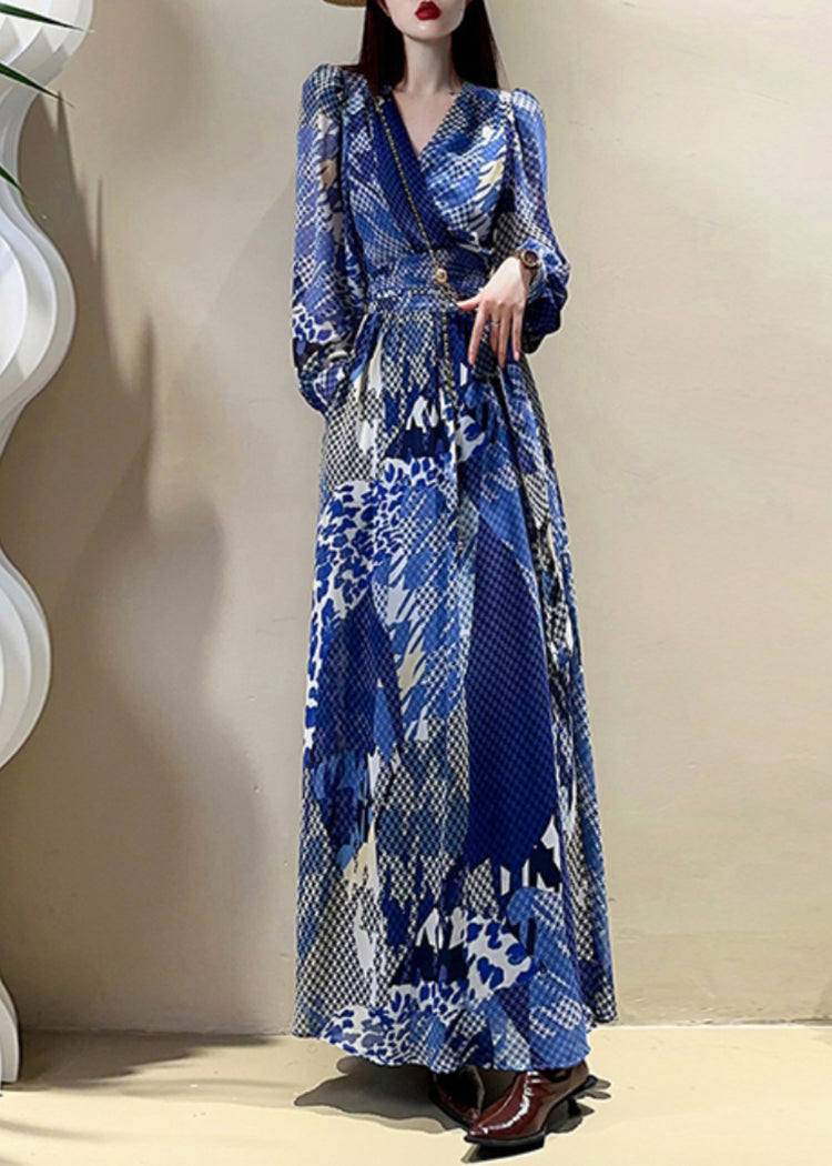 Elegant Blue V Neck Print Drawstring Maxi Dress Lantern Sleeve