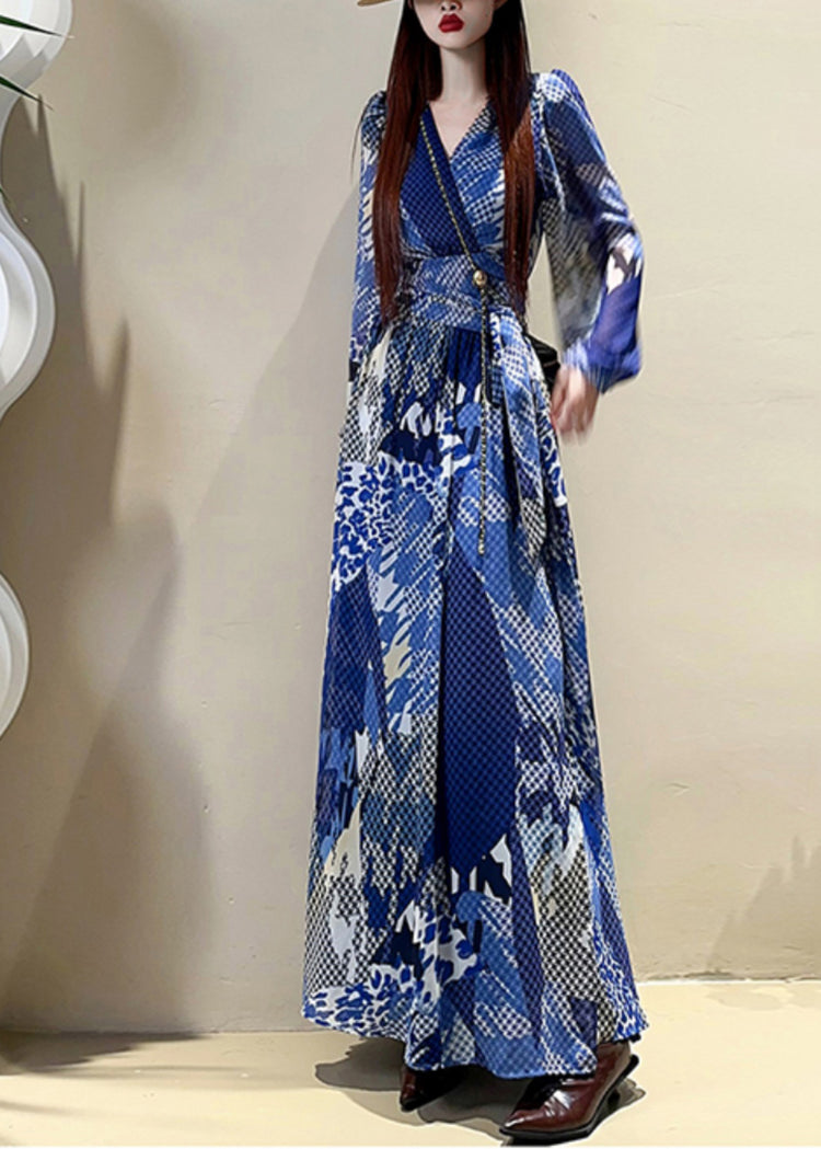 Elegant Blue V Neck Print Drawstring Maxi Dress Lantern Sleeve