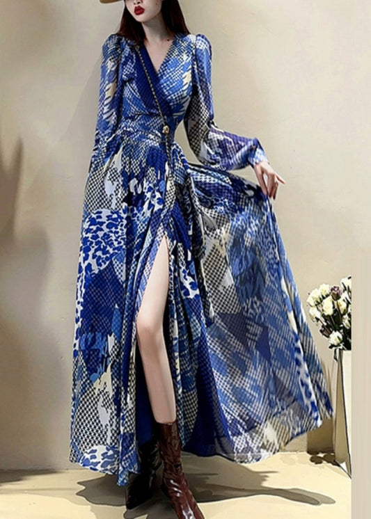 Elegant Blue V Neck Print Drawstring Maxi Dress Lantern Sleeve